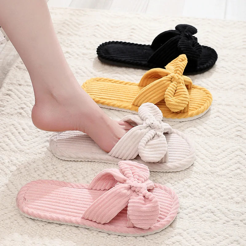 Women's Bow Knot Corduroy Indoor Slippers | Warm EVA Anti-Slip