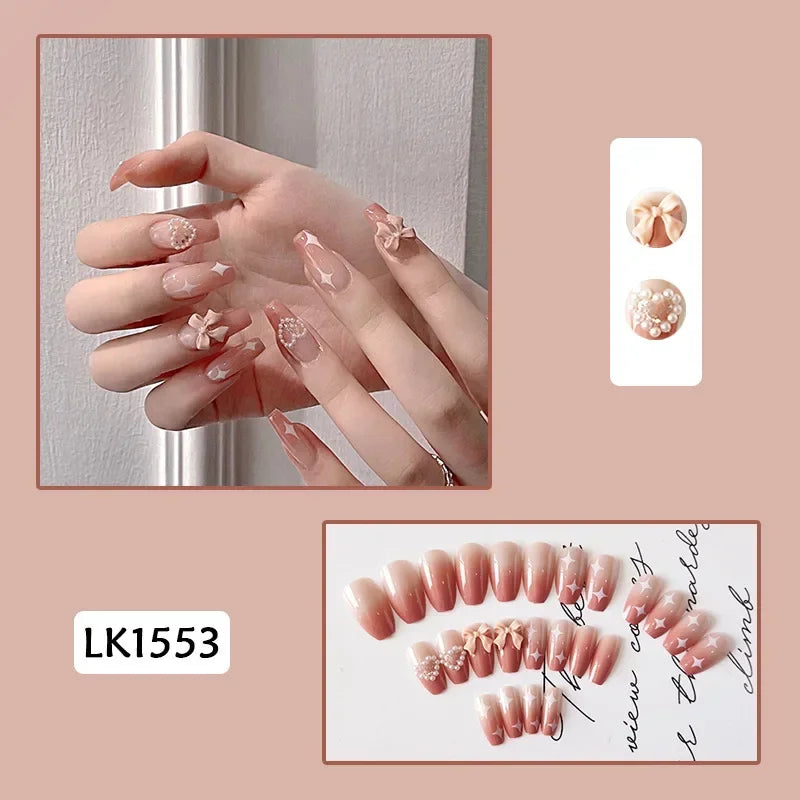 Pink Fake Nails Press on Nail Designs Art Long Tips False Forms with Glue Stick Stickers Reusable Set Acrylic Artificial Peaceful Pleasures Health and Wellness 8