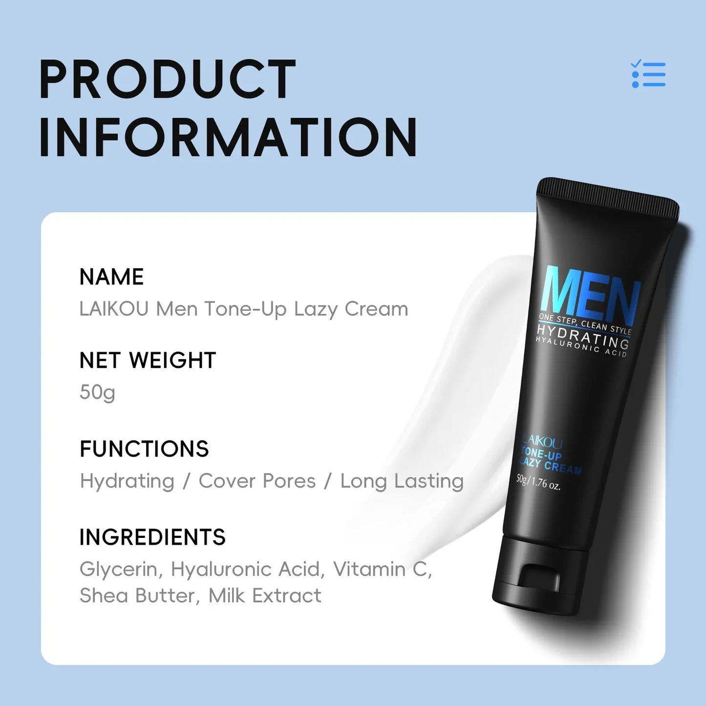 LAIKOU Men's BB Tone Up Cream – Hyaluronic Acid Oil Control 50g