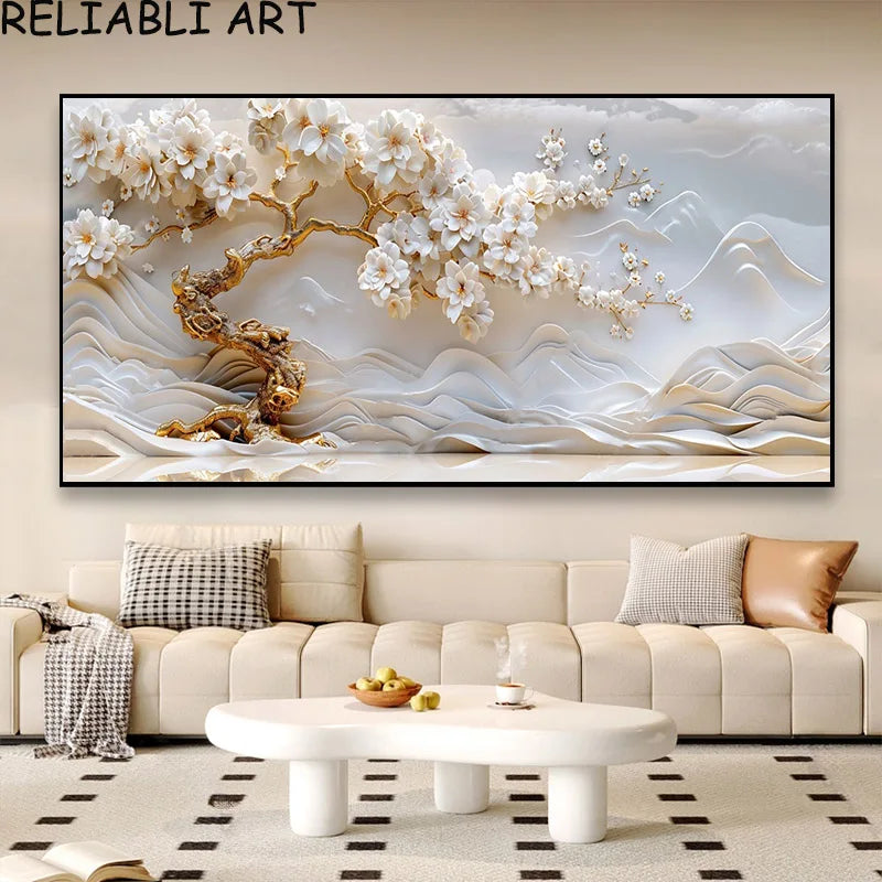 3D Golden White Flower Tree Poster and Prints Light Luxury Canvas Painting Wall Art Pictures for Living Room Home Decor No Frame Peaceful Pleasures Health and Wellness