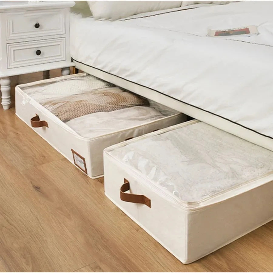 Foldable Underbed Organizer, Bedroom Blanket Clothes Quilt Storage Bag with Clear Window and 4 Handles, 31.5 x 17.7 x 5.9 Inches Peaceful Pleasures Health and Wellness