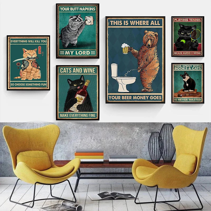 Funny Black Cat Coffee Canvas Wall Art | Retro Cat Poster
