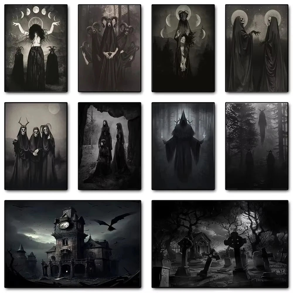 AA Dark Academia Art Black Death Poster Prints For Living Room Home Decor Nordic Gothic Horror Witch Canvas Painting Wall Art Peaceful Pleasures Health and Wellness