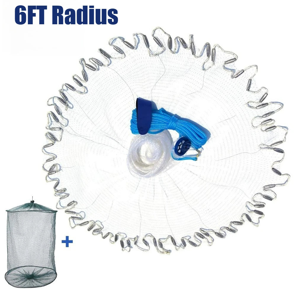 Saltwater Fishing Cast Net with Zinc Sinkers | 3–10 FT Radius