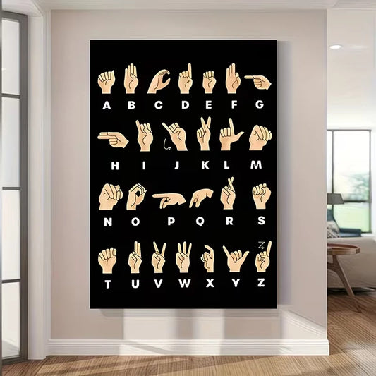 ASL Alphabet Chart Canvas Wall Art | Sign Language Poster Educational Canvas Print Peaceful Pleasures Health and Wellness G4663 30x40cm Wood Framed