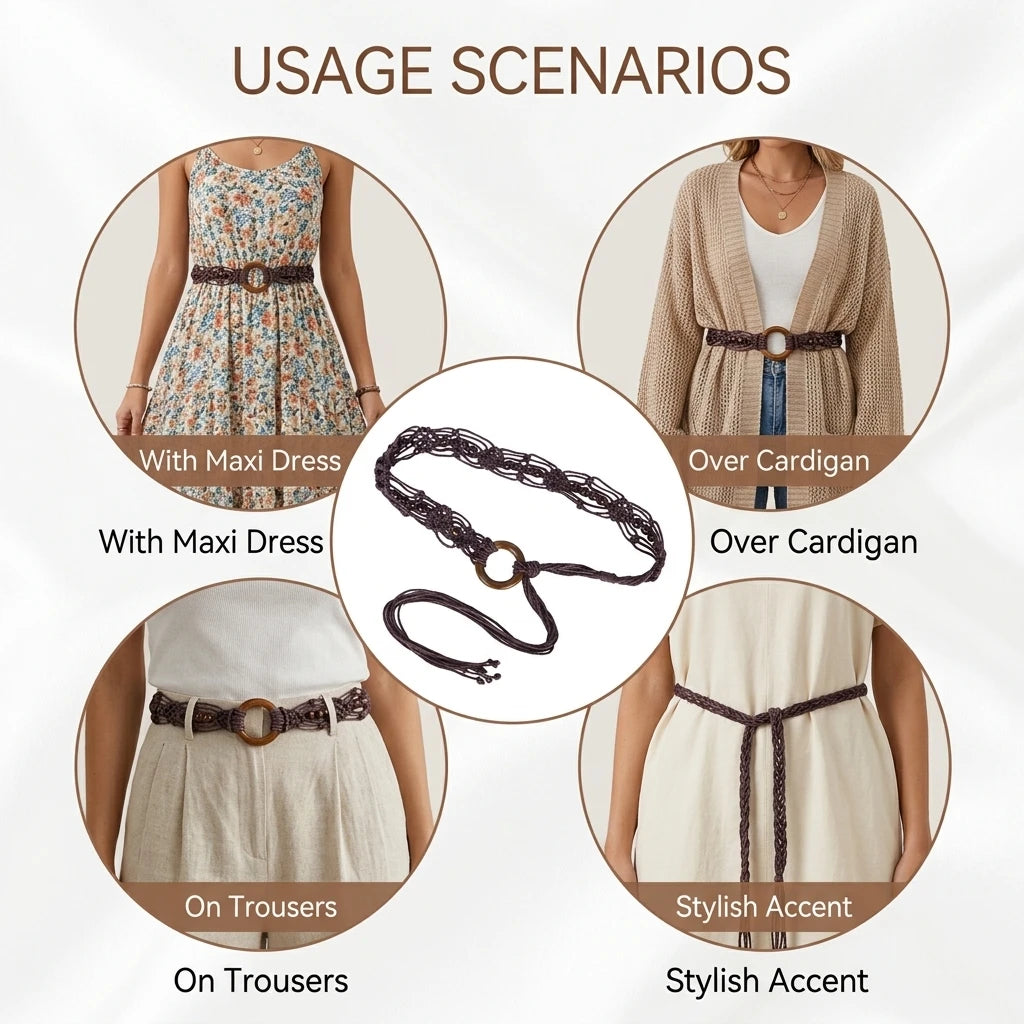 Bohemian Style Woven Belt for Women with Buckle Decoration Long Skirt Matching Peaceful Pleasures Health and Wellness