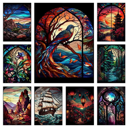 Modern Stained Glass Scenery Canvas Wall Art | Nordic Poster Canvas Wall Art Peaceful Pleasures Health and Wellness