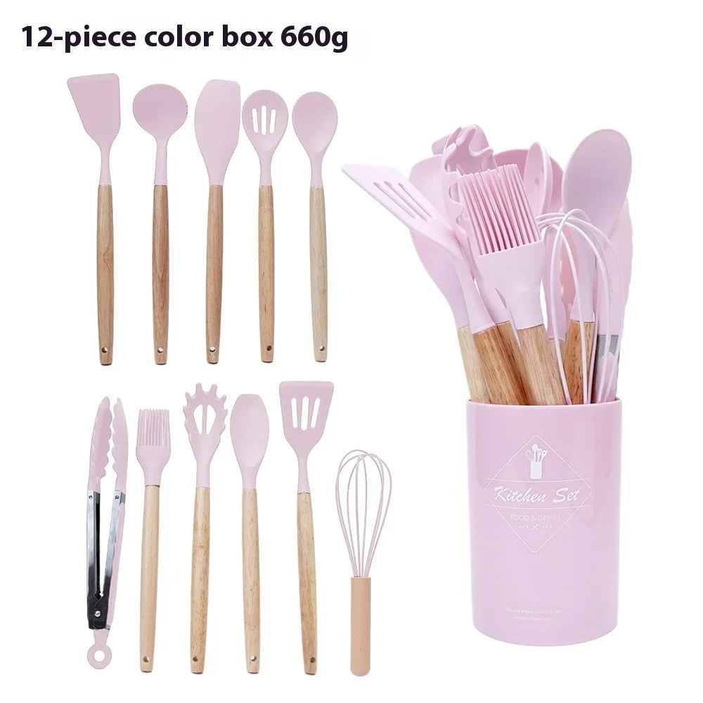 12Pcs Silicone Kitchen Cooking Utensils Set Wooden Handle Cooking Tool Non-stick Cookware Spatula Shovel Egg Kitchenware Beaters Peaceful Pleasures Health and Wellness Pink 12Pcs