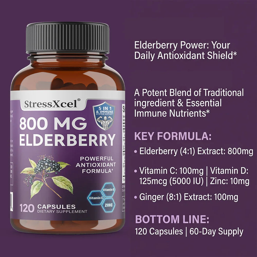 Elderberry 800mg Capsules – Immune Support with Vitamin C, D & Zinc