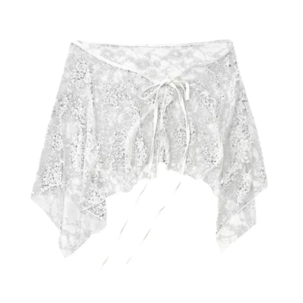 Y2K Lace Mini Skirt – Embroidered Ruched Ruffles Irregular Hem