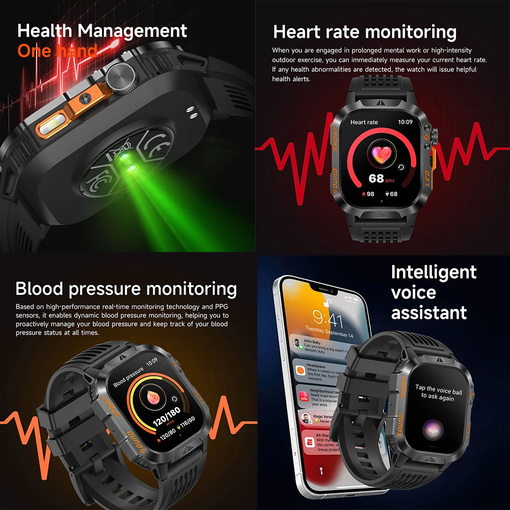 Military Outdoor Smartwatch Men | LED Flashlight, BT Calling