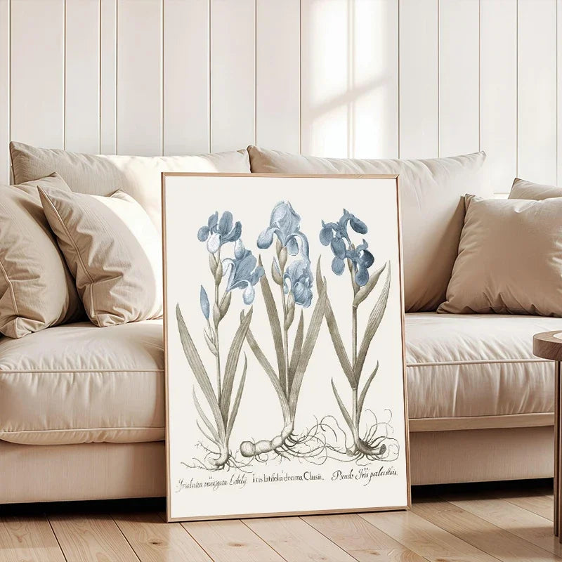 Retro Abstract Blue Various Flower Seedlings Root Green Leaves Poster Canvas Painting Wall Art Pictures Living Room Home Decor Peaceful Pleasures Health and Wellness