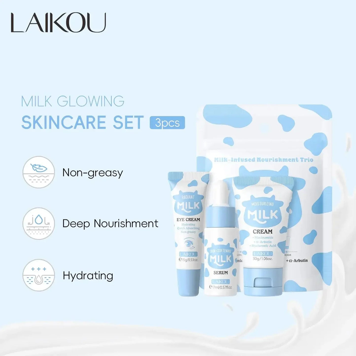 LAIKOU Milk Glow Skincare Set – Serum, Eye Cream & Moisturizer