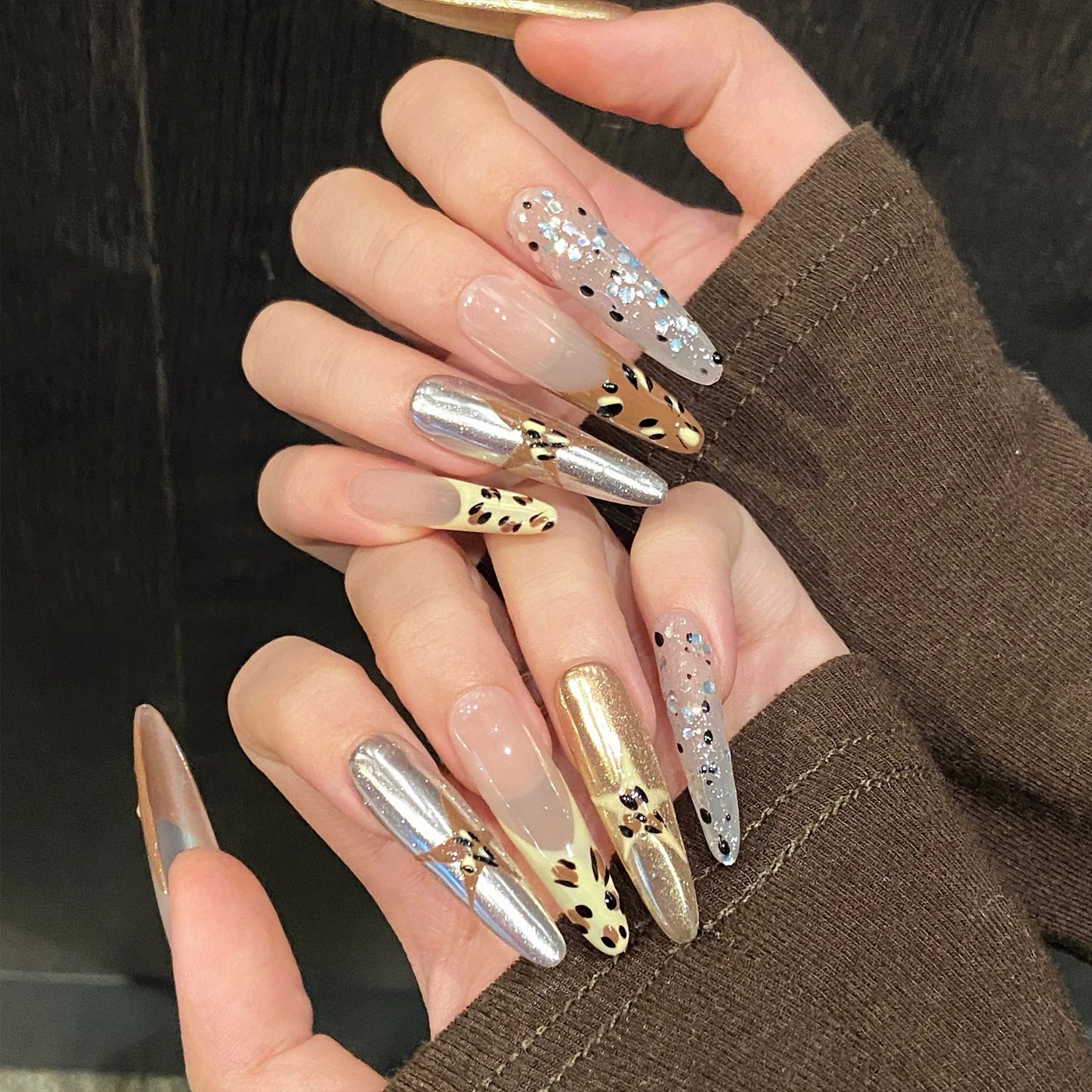 10pcs Handmade Ins Style Press on Nails Gold Stars Decor Y2K Fake Nail Almond Tips Wearable 3D French Leopard False Nails Long Peaceful Pleasures Health and Wellness