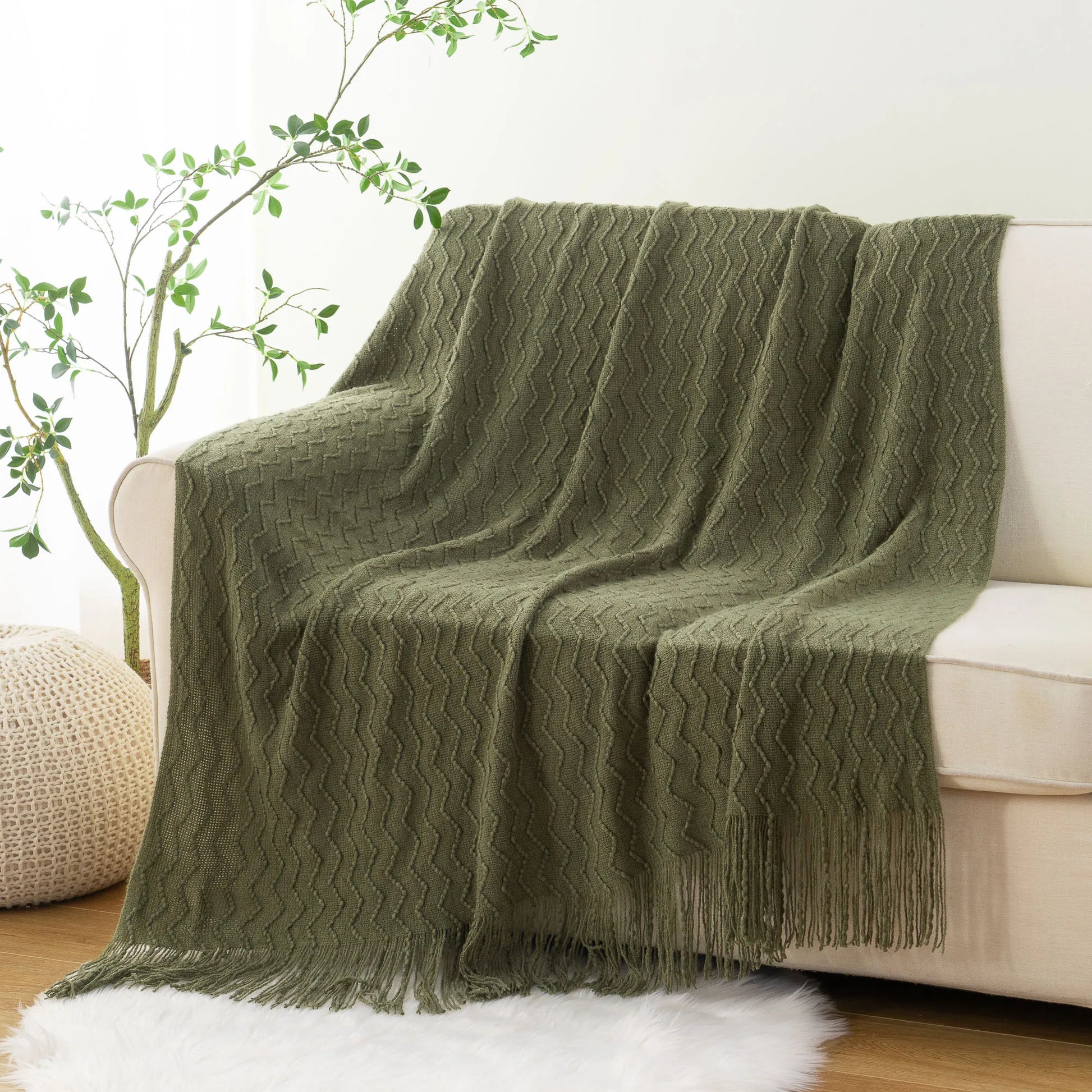 Battilo Green Knit Throw Blanket For Bed Lightweight Sofa Blanket With Tassels Decorative Knitted Plaid Blanket For Spring Decor Peaceful Pleasures Health and Wellness