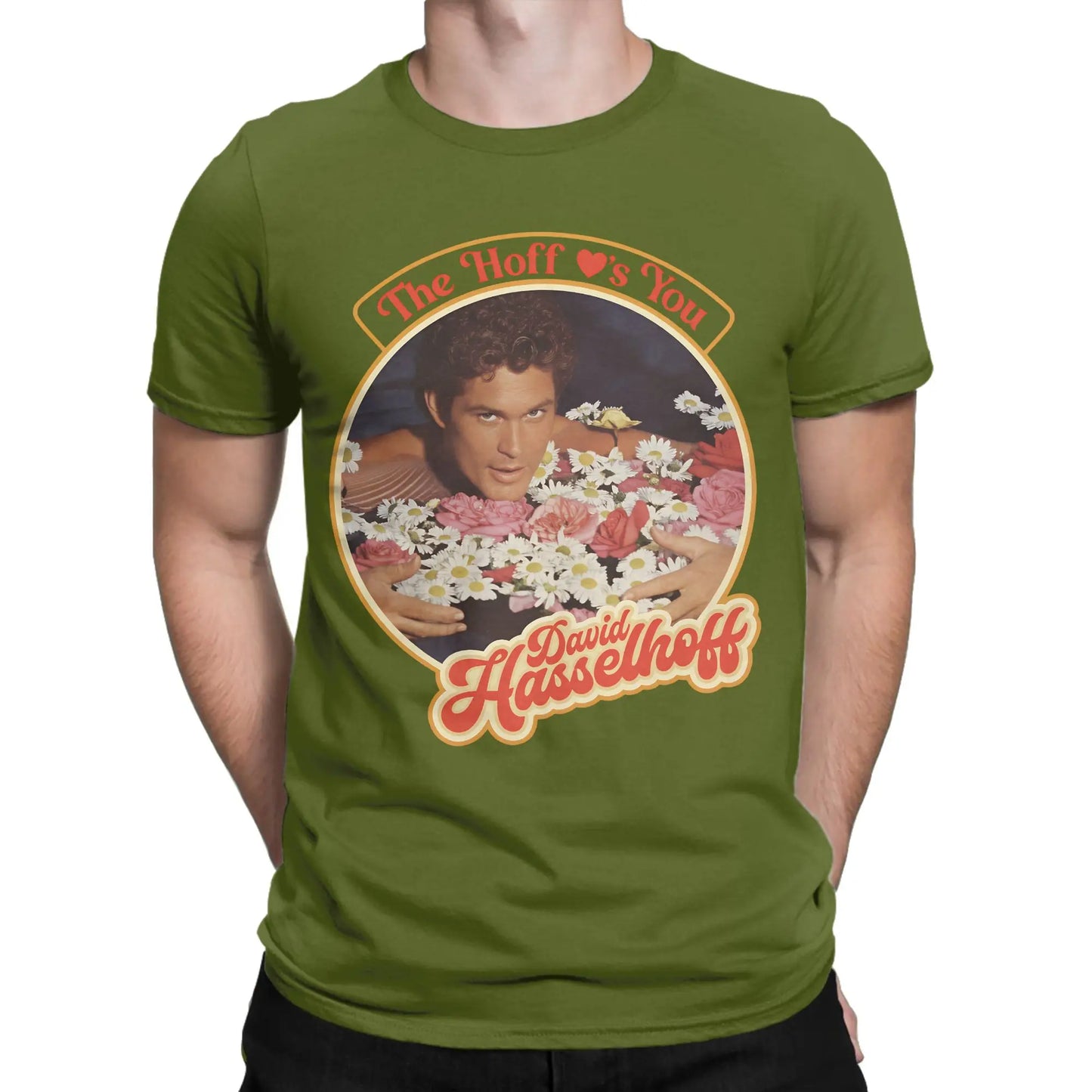 Men's David Hasselhoff T Shirt Cotton Clothes Vintage Short Sleeve Round Collar Tees New Arrival T-Shirts Peaceful Pleasures Health and Wellness army green S
