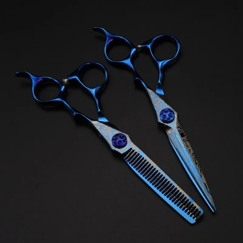 Professional 6 '' Upscale Scissor Blue Damascus Hair Scissors Cutting Barber Tools Haircut Thinning Shears Hairdresser Scissors Peaceful Pleasures Health and Wellness