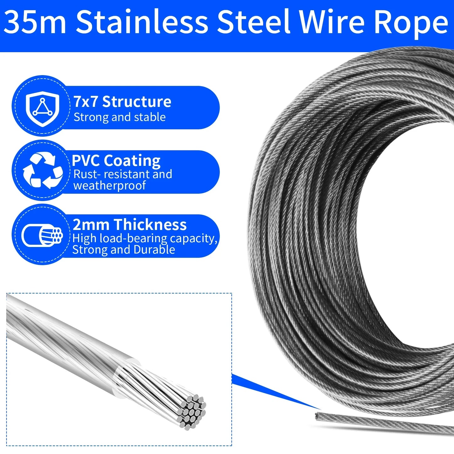 Sun Shade Sail Hardware Kit – 35M Stainless Steel Cable Wire Rope