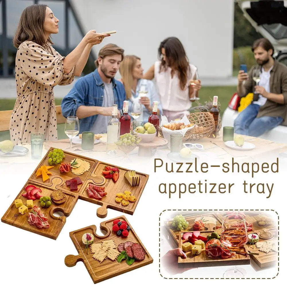 Wooden Puzzle Shaped Appetizer Tray Four Piece Set Cooked Food Board Kitchen Cutting Board Cooked Cheese Bread Charcuterie Board Peaceful Pleasures Health and Wellness