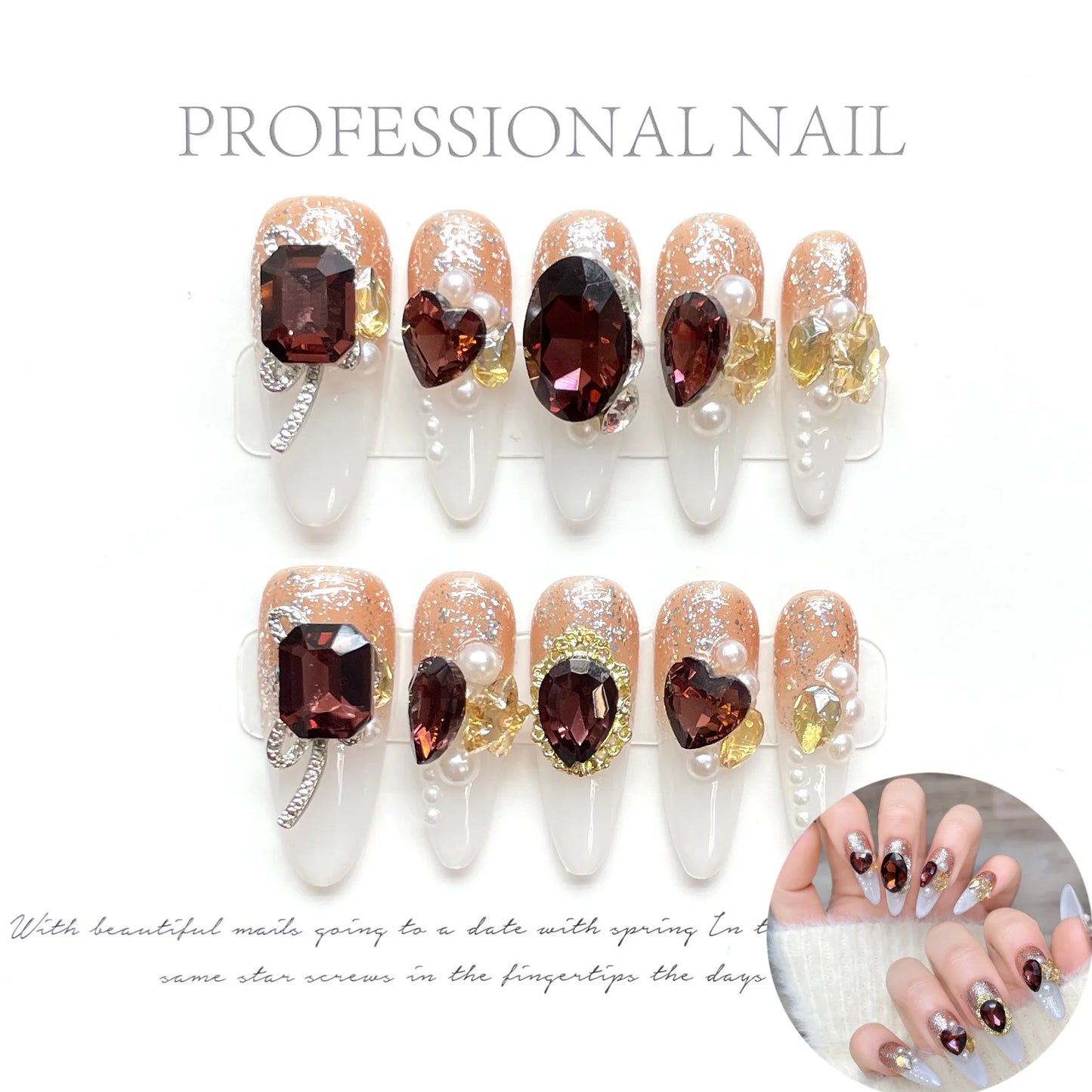 Handmade Press on Nails Autumn and Winter Sparkling French Cat Eye Fake Nails Shiny Rhinestone Decor Coffee Color False Nails Peaceful Pleasures Health and Wellness L