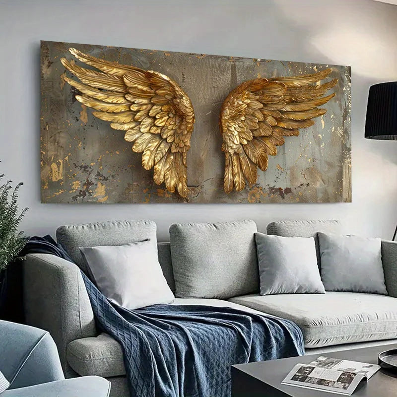 Modern Decor Large Frameless Canvas Art Golden Angel Wings Distressed Texture Elegant Wall Decor for Living Room and Bedroom Peaceful Pleasures Health and Wellness