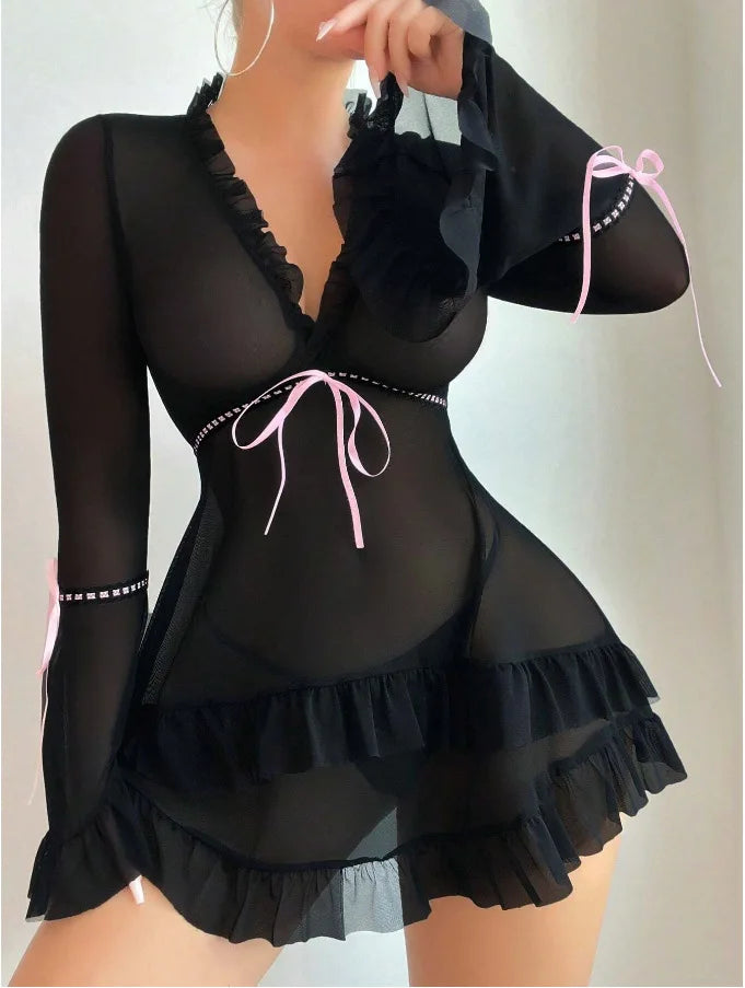 Printed Mesh Sheer Long-Sleeve Backless Mini Dress Set