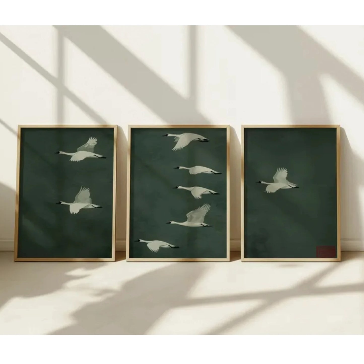 Emerald Green Geese 3-Piece Canvas Wall Art | Nature Print