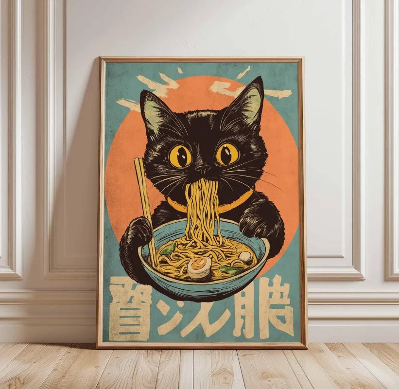 Black Cat Ramen Japanese Food Noodle Ginger Cat Poster Print Wall Art Pictures Canvas Painting Living Room Home Wall Decoration Peaceful Pleasures Health and Wellness TL2901 20x30cm Unframed