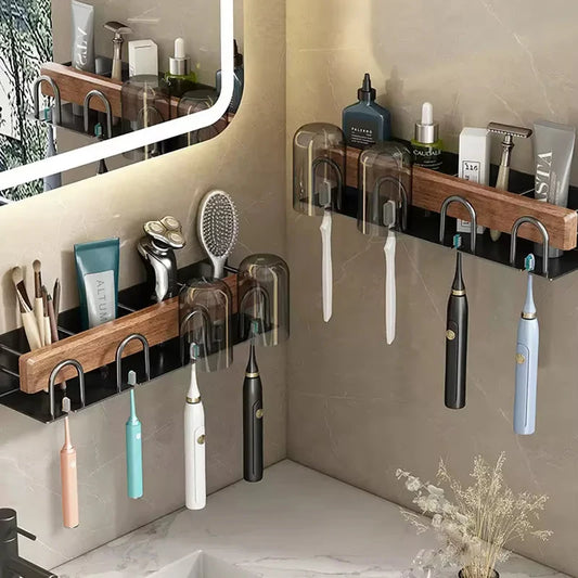 Wall-Mounted Wood Toothbrush Rack & Mug Holder with Squeezer Bathroom Wall Organizer Peaceful Pleasures Health and Wellness