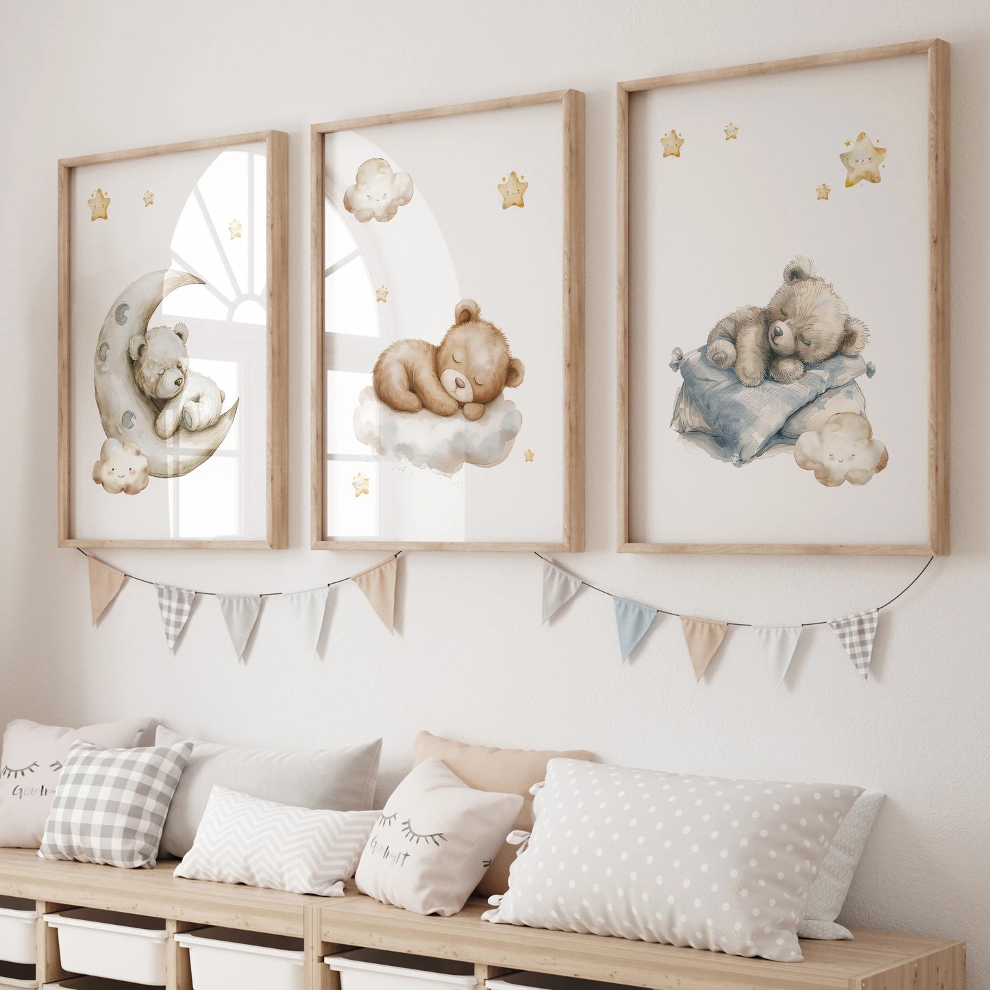 Night Moon Bear 3-Piece Canvas Wall Art | Kids Room Decor