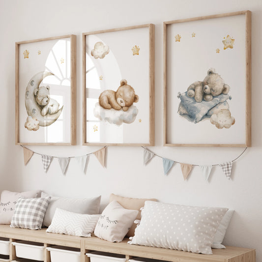 Night Moon Bear 3-Piece Canvas Wall Art | Kids Room Decor Canvas Wall Art Set Peaceful Pleasures Health and Wellness G2552-3pcs 21x30cm Black Frame