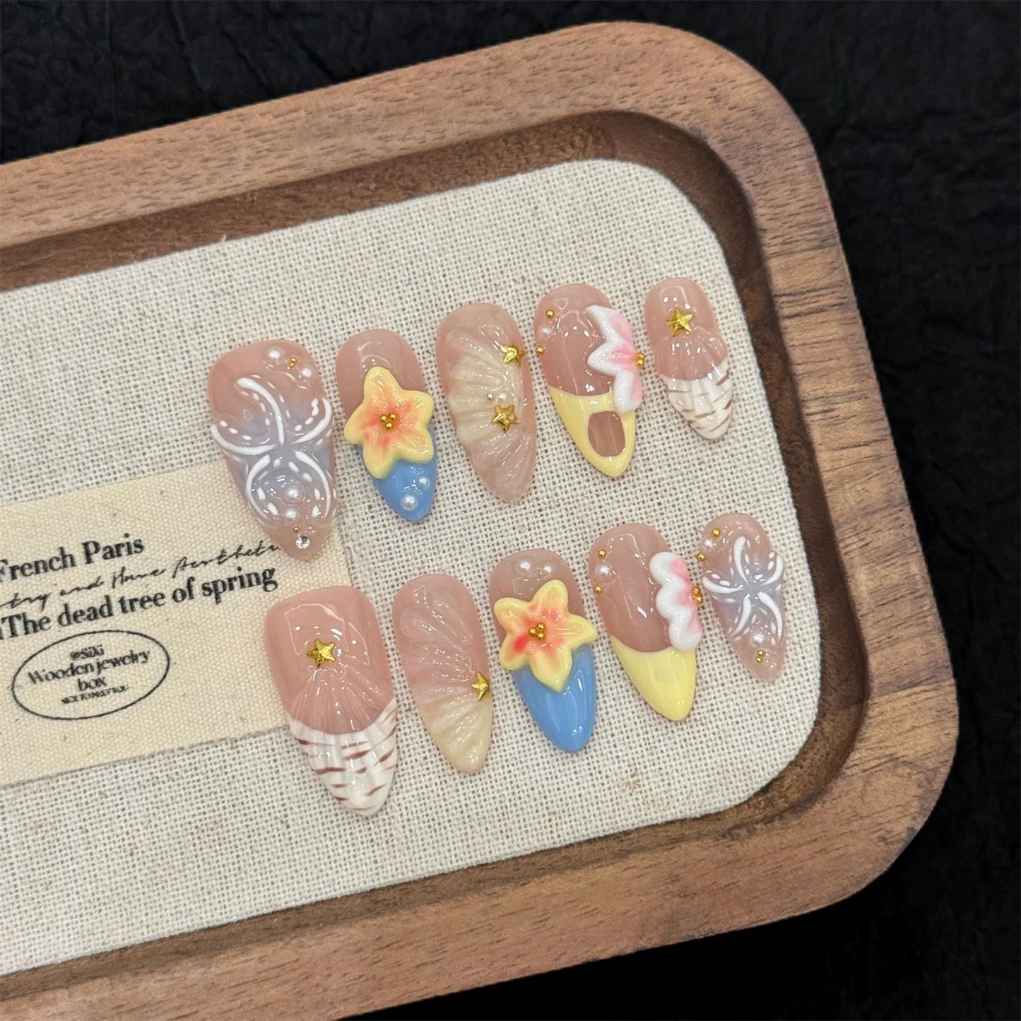 Handmade Press on Nails Blue Island Butterfly False Nails Wearable 3D Flower Decor Long Carved Almond Spice Girls Fake Nail Tips Peaceful Pleasures Health and Wellness M