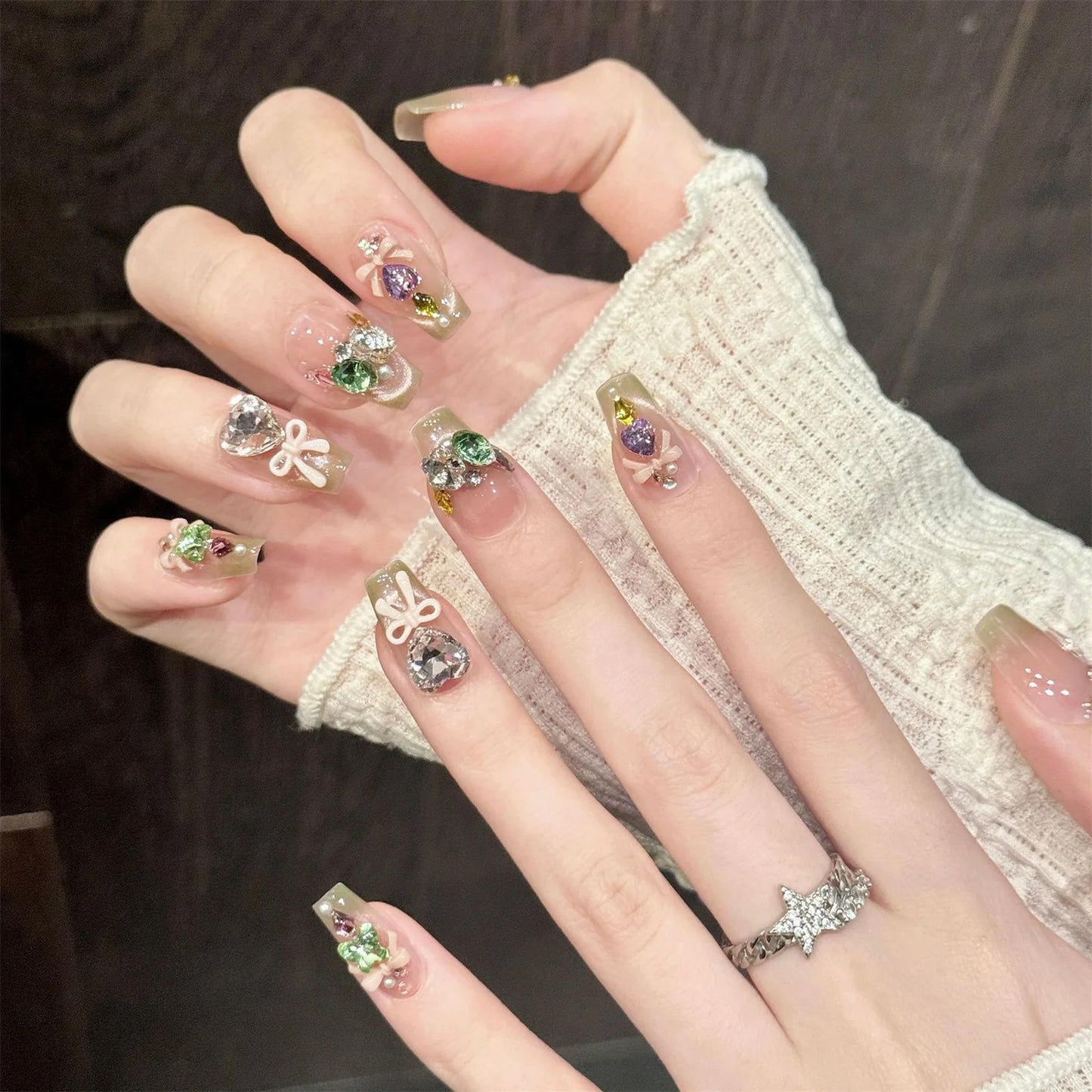 Y2K Press On Nails Pink Green Gradient Cat Eye 3D Bow Rhinestone