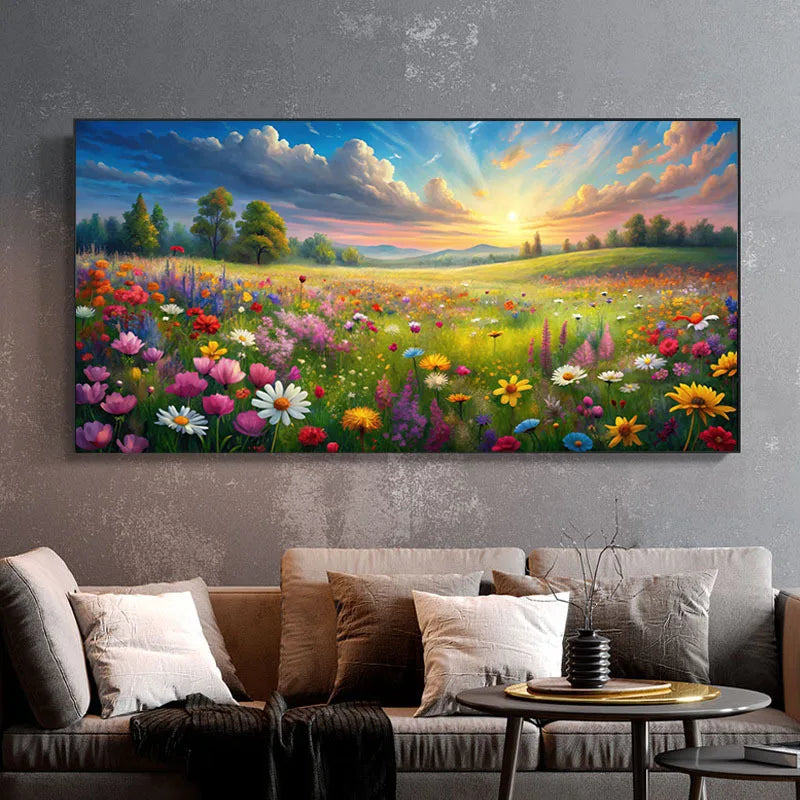 Large Unframed Canvas Art Print Floral Meadow Scene, Colorful Sunrise Wall Decor for Living Room Bedroom, Home Artwork Wall Art Peaceful Pleasures Health and Wellness