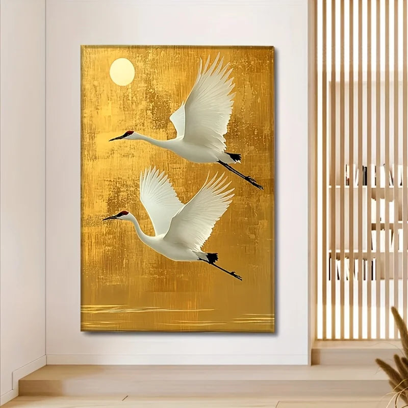Elegant White Crane Wall Art with Golden Background Frameless Chinese Style Print, Tranquil Decorative Painting Canvas Wall Art Peaceful Pleasures Health and Wellness ZLH4862 40x50cm No Frame