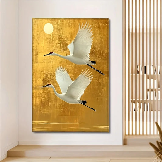 Elegant White Crane Wall Art with Golden Background Frameless Chinese Style Print, Tranquil Decorative Painting Canvas Wall Art Peaceful Pleasures Health and Wellness ZLH4862 40x50cm No Frame
