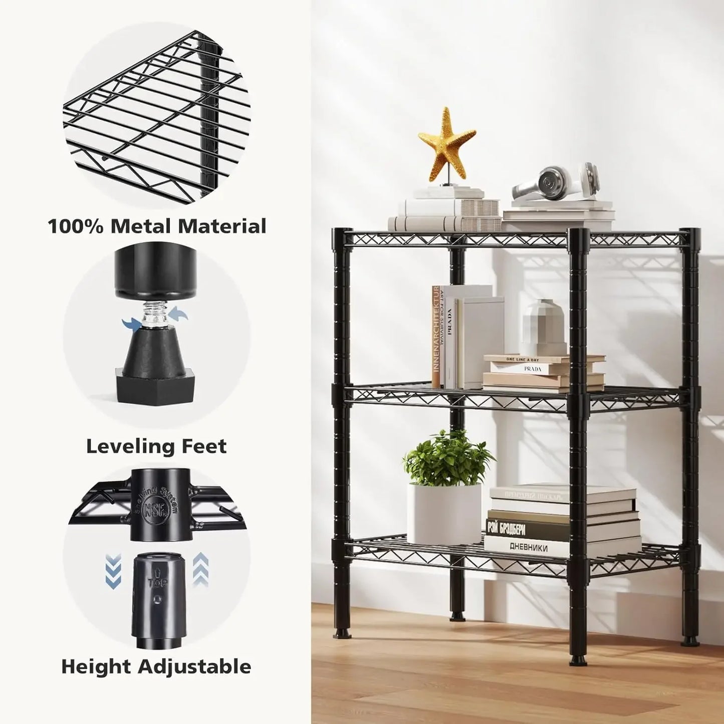 3-Tier Adjustable Metal Wire Storage Shelf, Heavy Duty Steel Rack for Kitchen Bathroom Garage, 23.3"W x 13.4"D x 30"H Black Peaceful Pleasures Health and Wellness