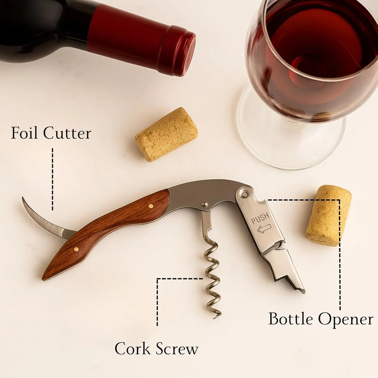1PC Professional Wood Corkscrews for Wine Bottles w/Foil Cutter and Cap Remover Manual Wine Key for Servers Waiters, Bartenders Peaceful Pleasures Health and Wellness Red Pear Wood