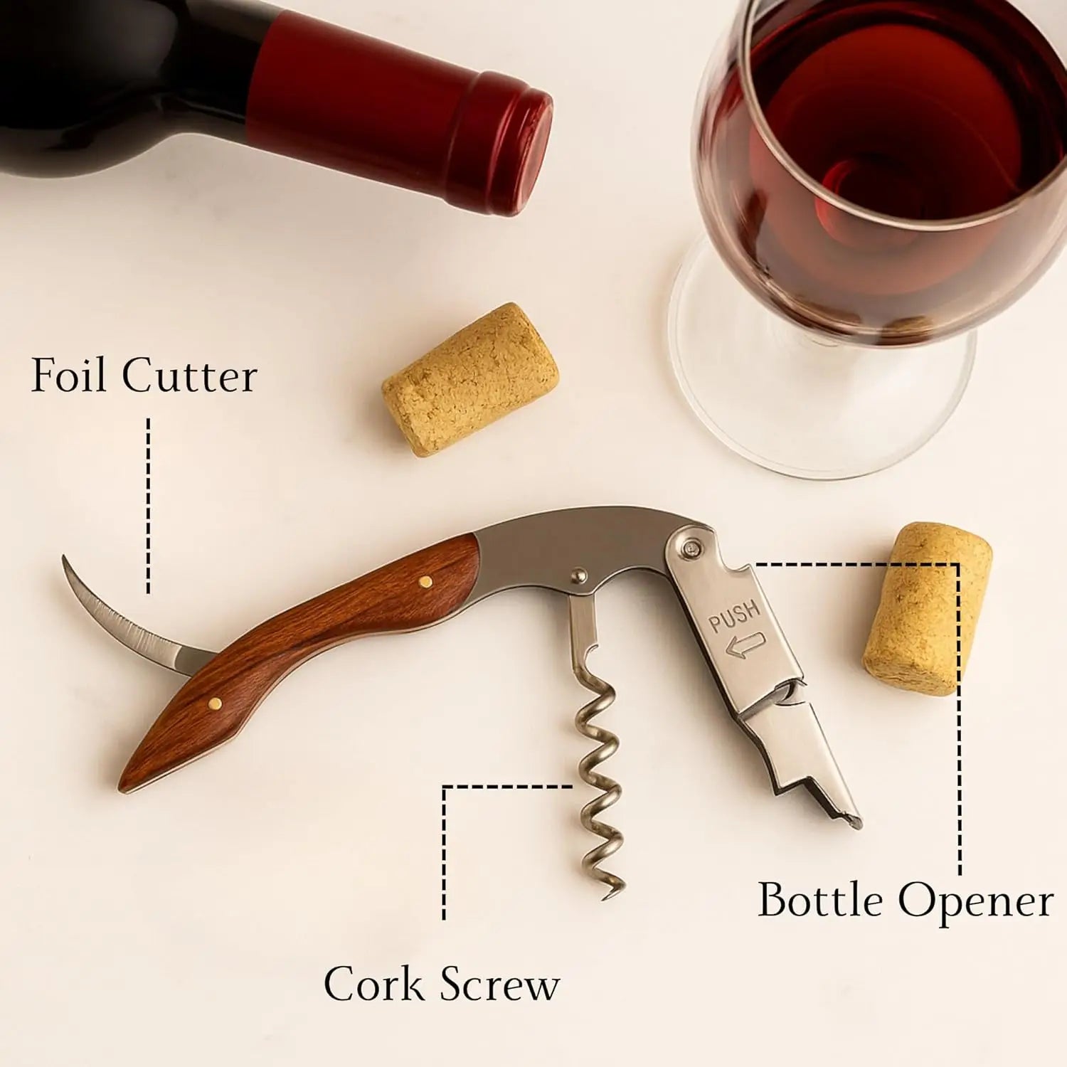 1PC Professional Wood Corkscrews for Wine Bottles w/Foil Cutter and Cap Remover Manual Wine Key for Servers Waiters, Bartenders Peaceful Pleasures Health and Wellness Red Pear Wood