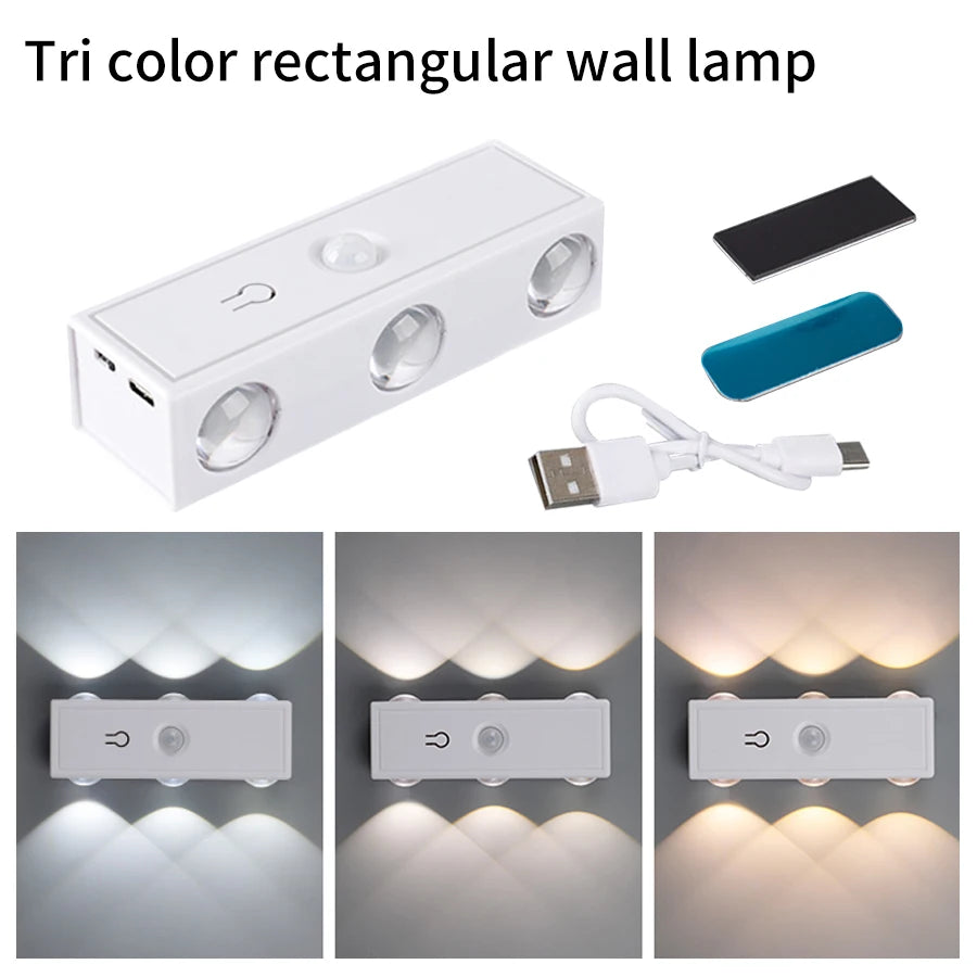 6Leds Double-head Motion Sensor Light 3Colors/RGB Night Light USB Rechargeable Magnetic Wall Lamp Touch Dimming Bedside Lighting Peaceful Pleasures Health and Wellness 3 color 6 LED