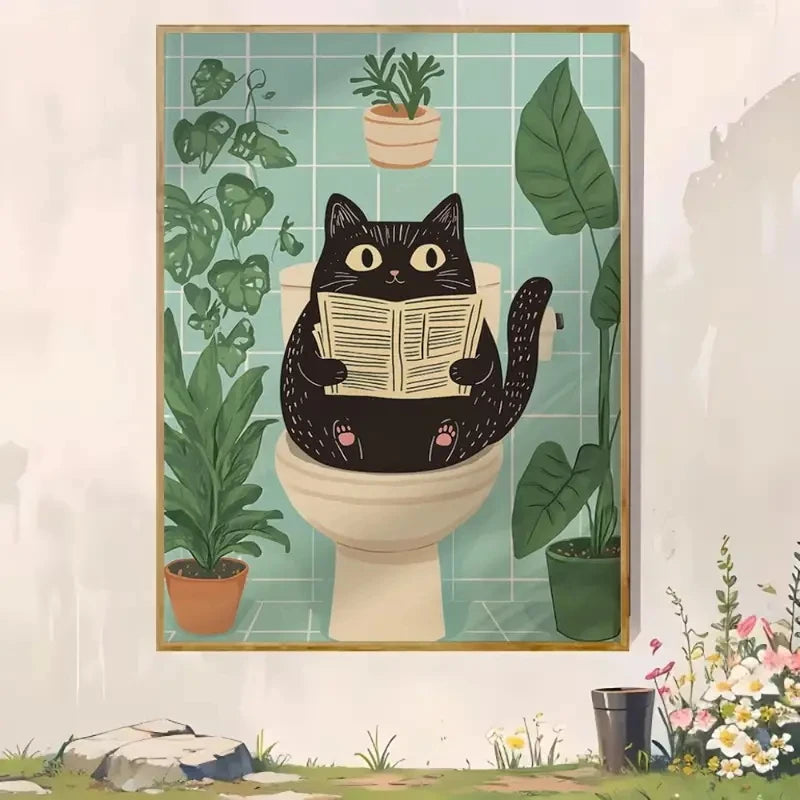 A Funny Bathroom Cat Mural, Paired With Plants And Flowers, Is Perfect For Decorating The Walls Of Living Rooms And Bedrooms Peaceful Pleasures Health and Wellness