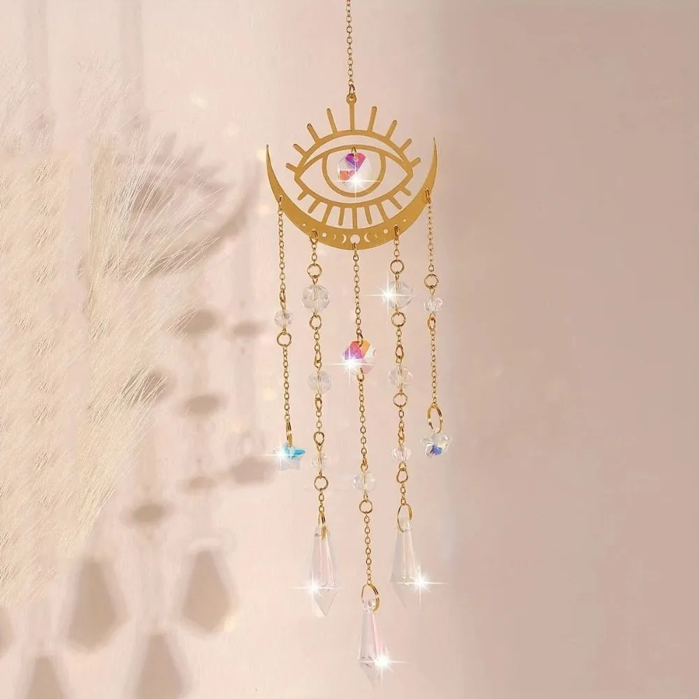 Golden Flame Moon Crystal Suncatcher Pendant – Rainbow Decor