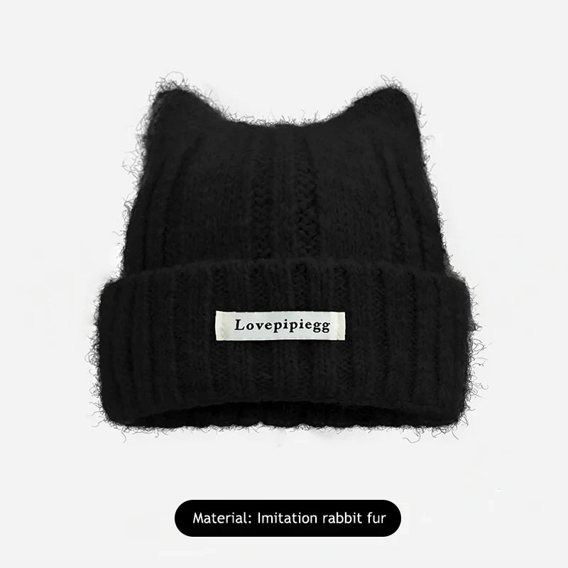 Cat Ear Knitted Beanie – Korean Style Winter Hat for Women