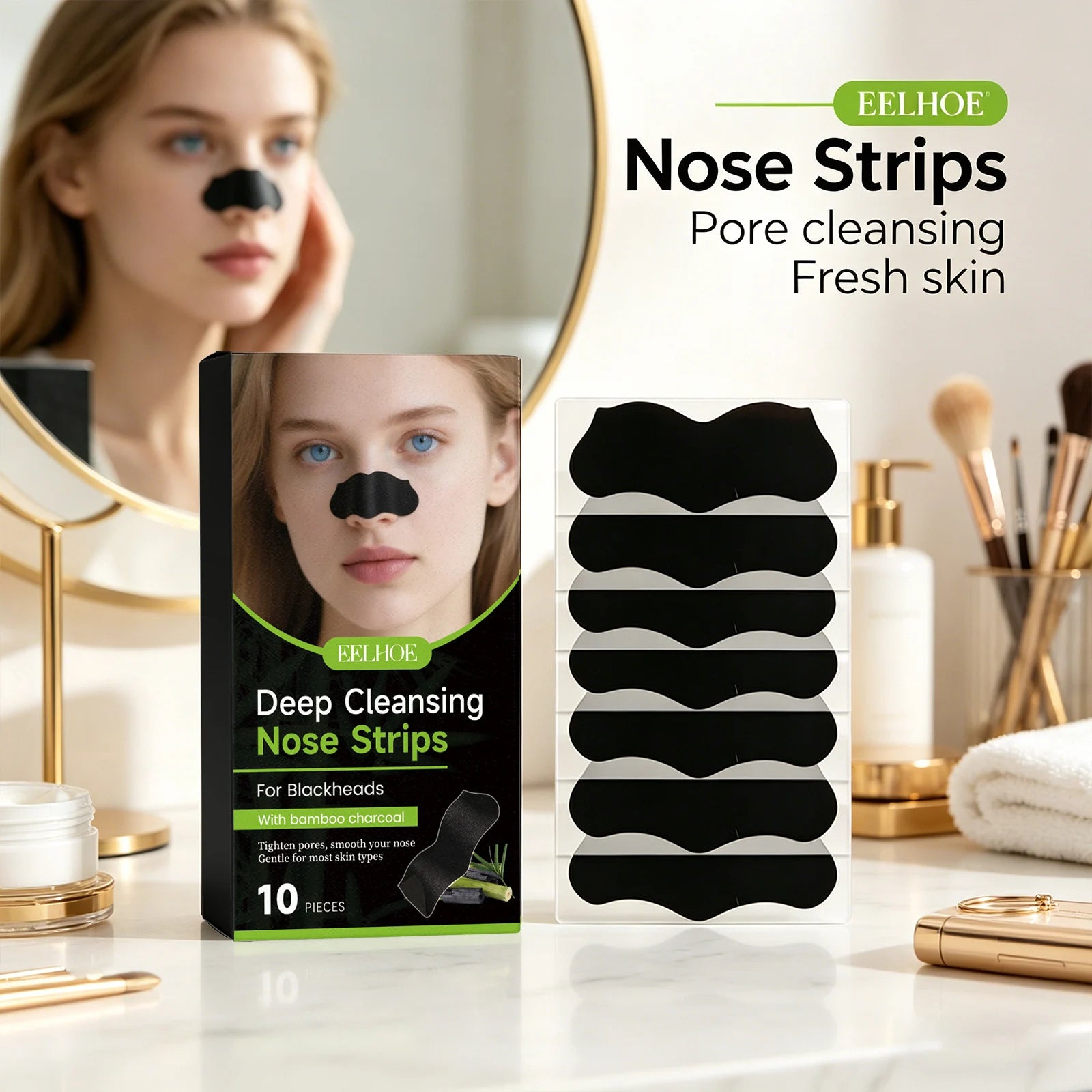 Deep Cleansing Nose Strips Removing Blackhead Unclogs Pores Control Oil Smooths Nose Skin Refreshing Bamboo Charcoal Pore Strips Peaceful Pleasures Health and Wellness