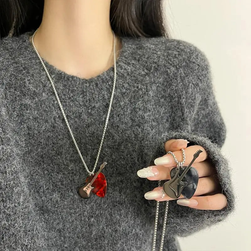 Hip-Hop Guitar Pick Pendant Necklace | Punk Steel Chain