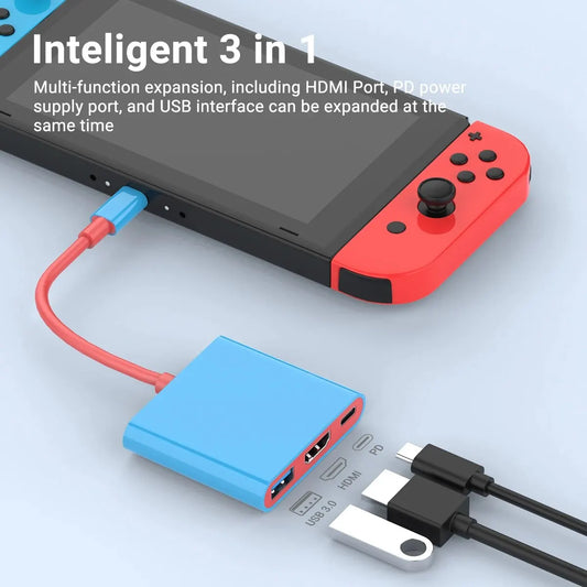 3-in-1 USB-C Switch TV Dock | 4K HDMI, USB 3.0 & 100W PD USB-C Docking Hub Peaceful Pleasures Health and Wellness blue and red
