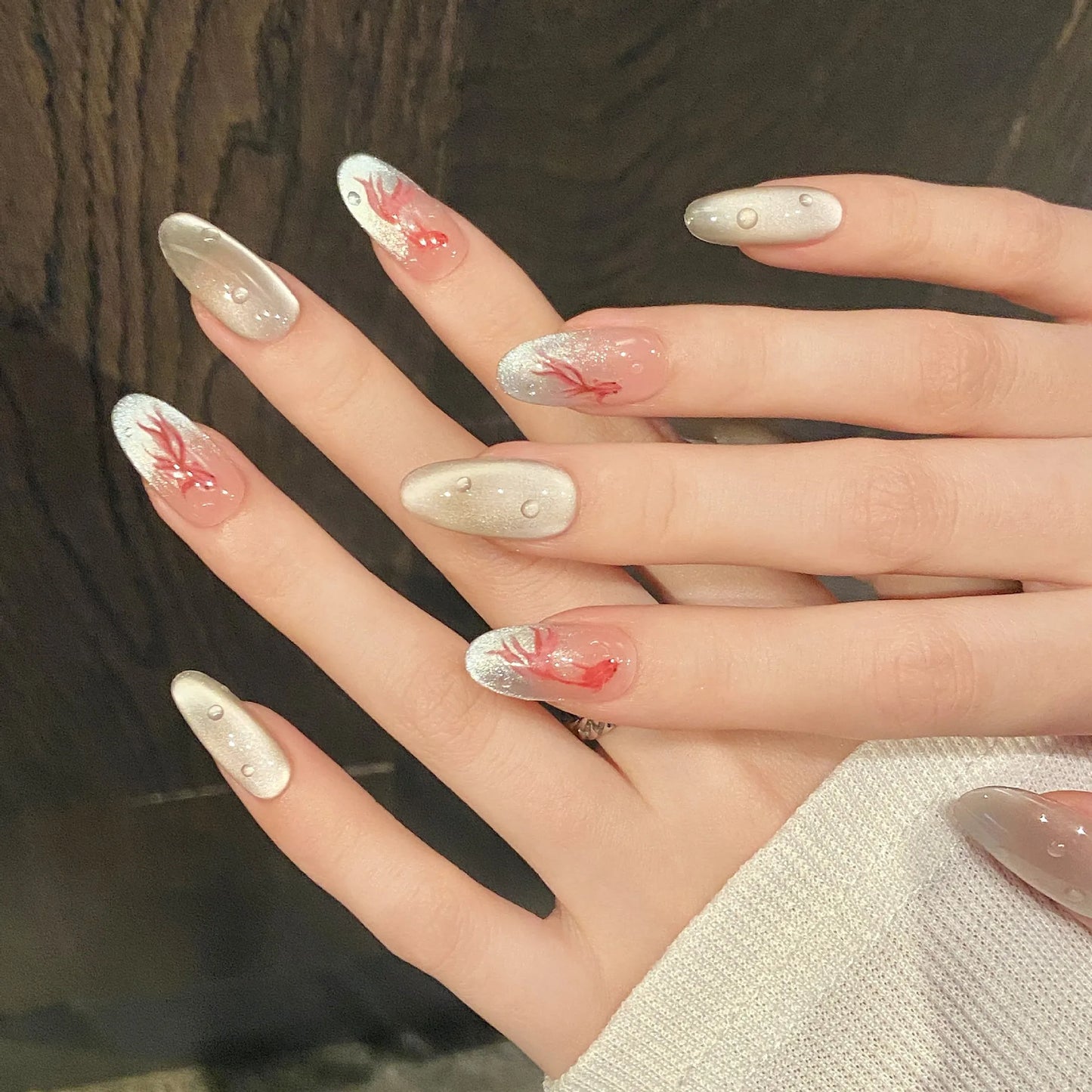 10pcs Handmade Cat Eye Press on Nails Good Luck Goldfish Print Fake Nails Tips for Women Girl Wearable Chinese Style False Nails Peaceful Pleasures Health and Wellness