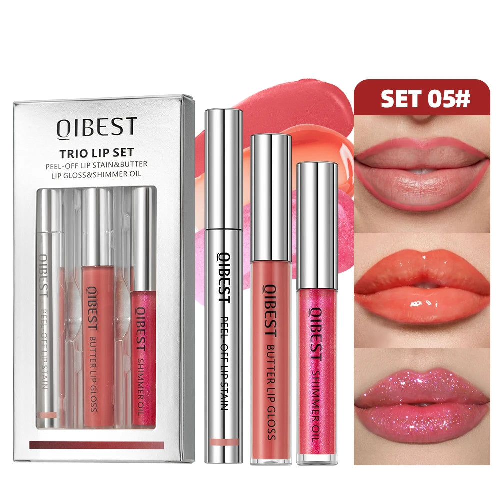 QIBEST 3pcs Multifunctional Makeup Sets Peel Off Lip Stain,Lip Glaze,Shimmer Lip Oil Long Lasting Lip Gloss Tint Cosmetics Kits Peaceful Pleasures Health and Wellness SET 05