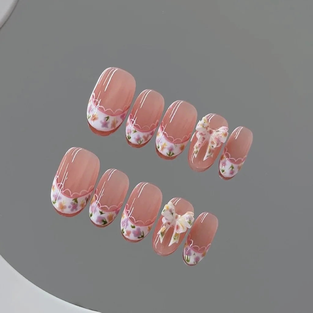 Handmade Pink French Floral Press On Nails | Short Round 10pcs Press On Nails Peaceful Pleasures Health and Wellness