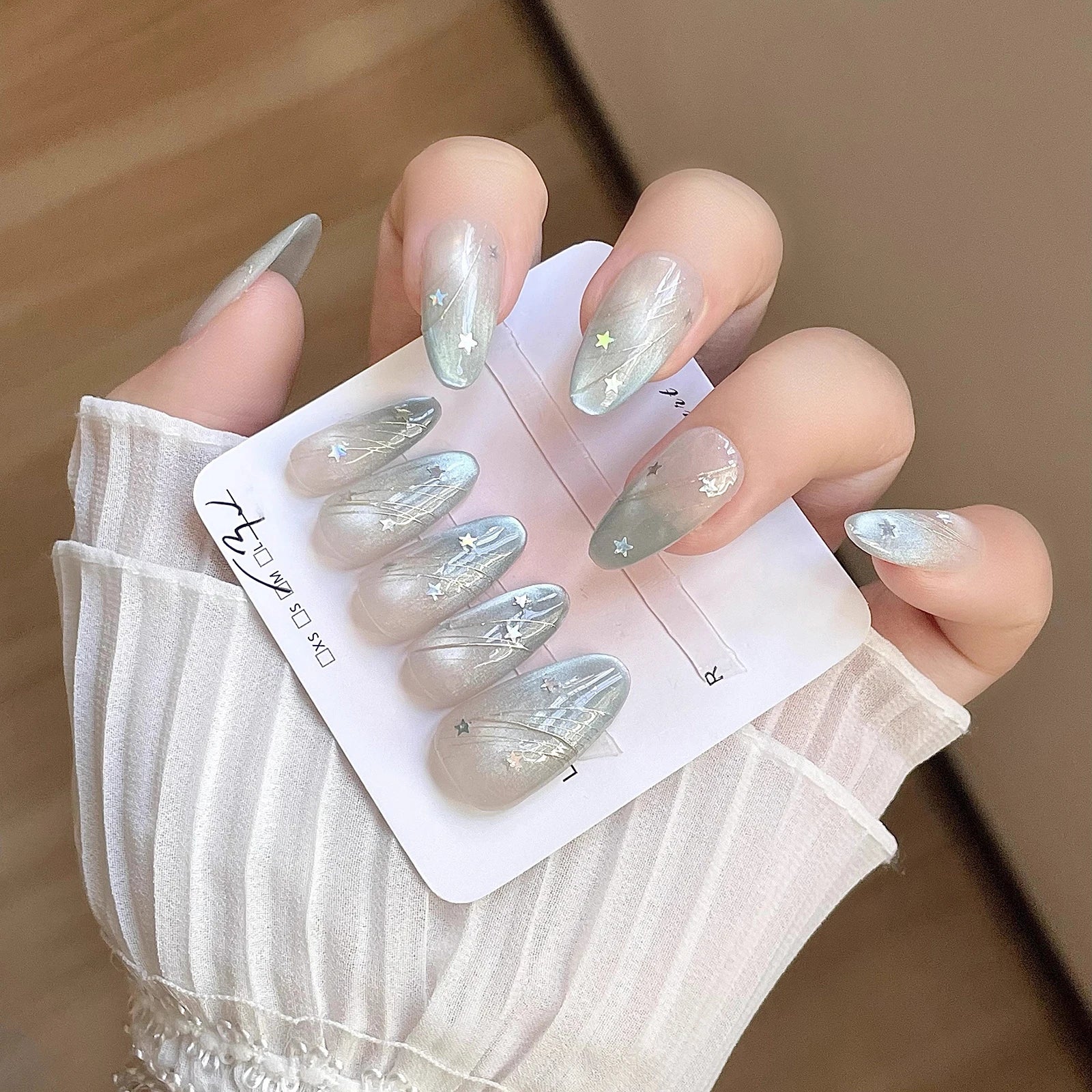 10pcs Handmade Almond Tip Press on Nails Temperament Laser Star Design Fake Nails Detachable Blue Gradient Cat's Eye False Nails Peaceful Pleasures Health and Wellness XS